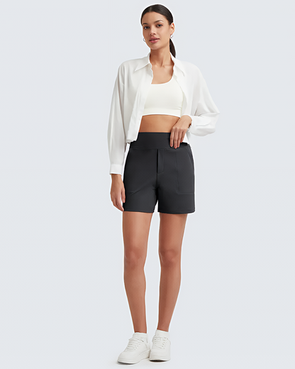 Women High Waist Bermuda Athletic Shorts with Deep Side Pockets