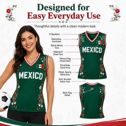 Women Floral Mexico Flag Sleeveless V Neck Soccer Fan Jersey Top