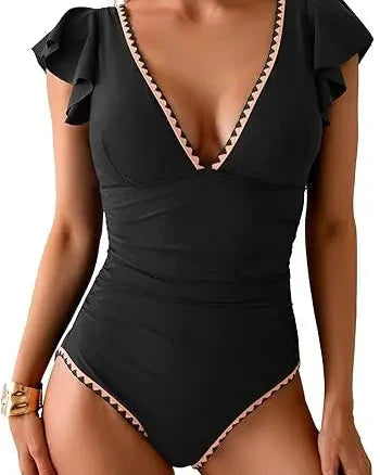 Women's V-neck one-piece ruffled tummy control swimsuit