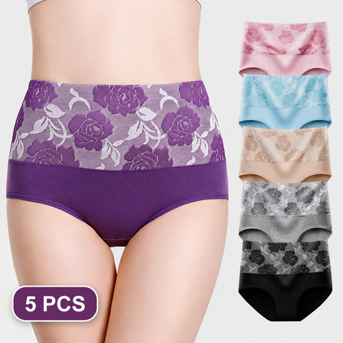 High Waist Cotton Briefs with Soft Floral Lace Waistband
