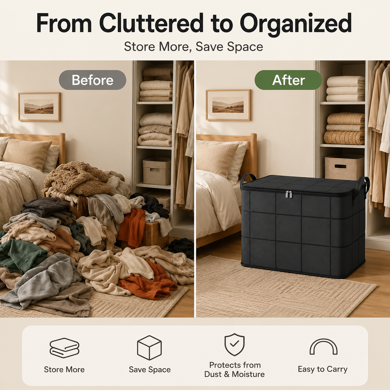 Large Foldable Zippered Storage Bin with Handles for Quilts and Bedding