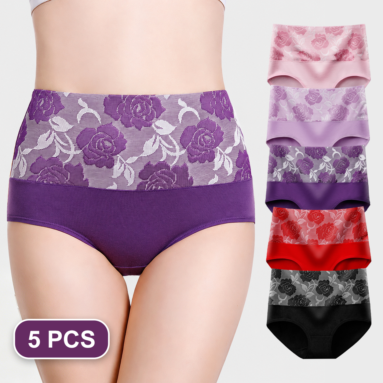 High Waist Cotton Briefs with Soft Floral Lace Waistband