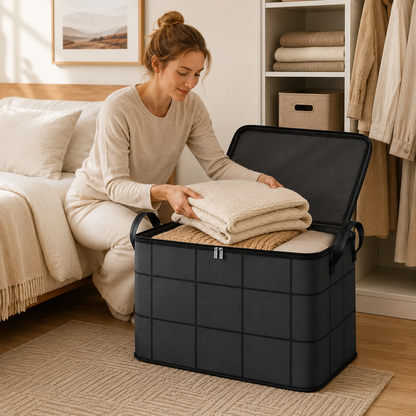 Large Foldable Zippered Storage Bin with Handles for Quilts and Bedding