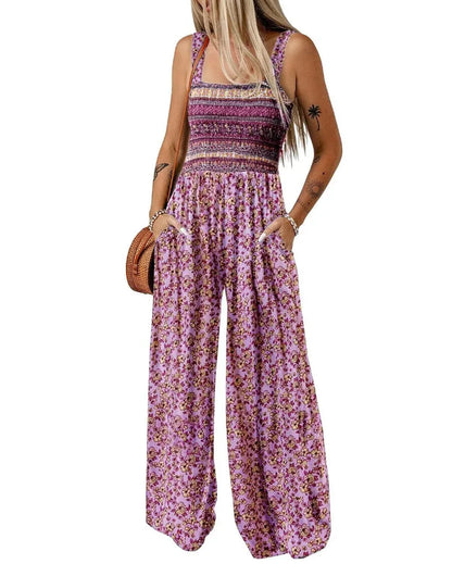 Bohemian Sleeveless Wide Leg Jumpsuit With Pockets