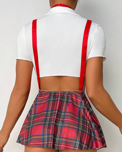 Plaid Print Pleated Suspender School Skirt(With panties)