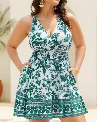 Tummy Control Boho Swim Dress with Pockets