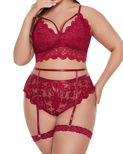 Plus Size Lingerie for Women Floral Lace Scallop Trim Bra High Waist Panties Set Garter Lingerie Set