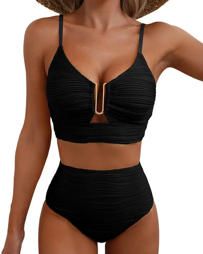 Textured U-Wire Cutout High-Waisted Bikini Set