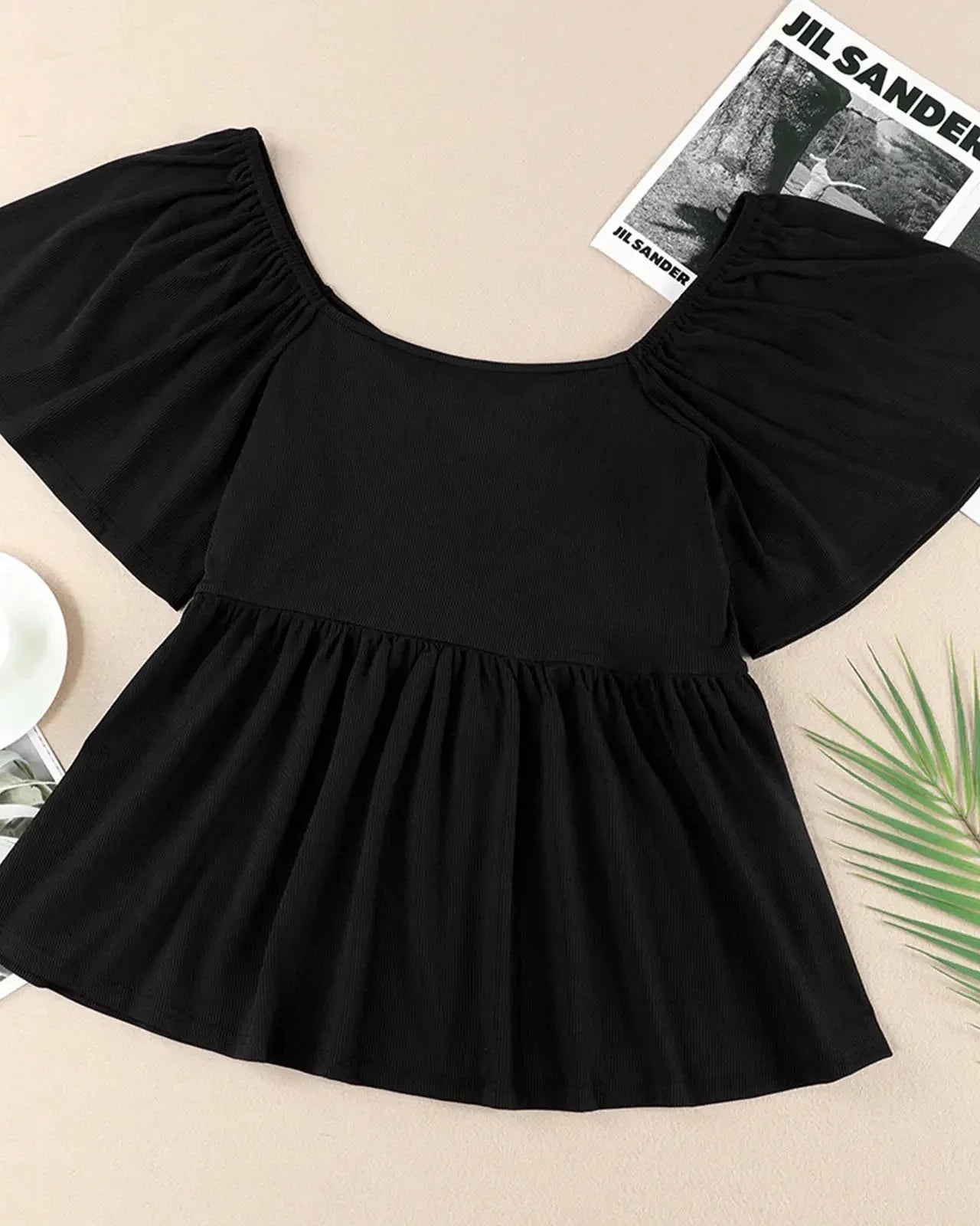 (XL-5XL) Plus Size Square Neck Short Sleeve Shirred Peplum Blouse