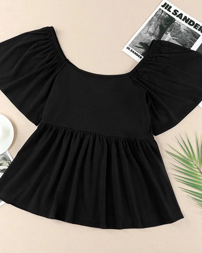 (XL-5XL) Plus Size Square Neck Short Sleeve Shirred Peplum Blouse