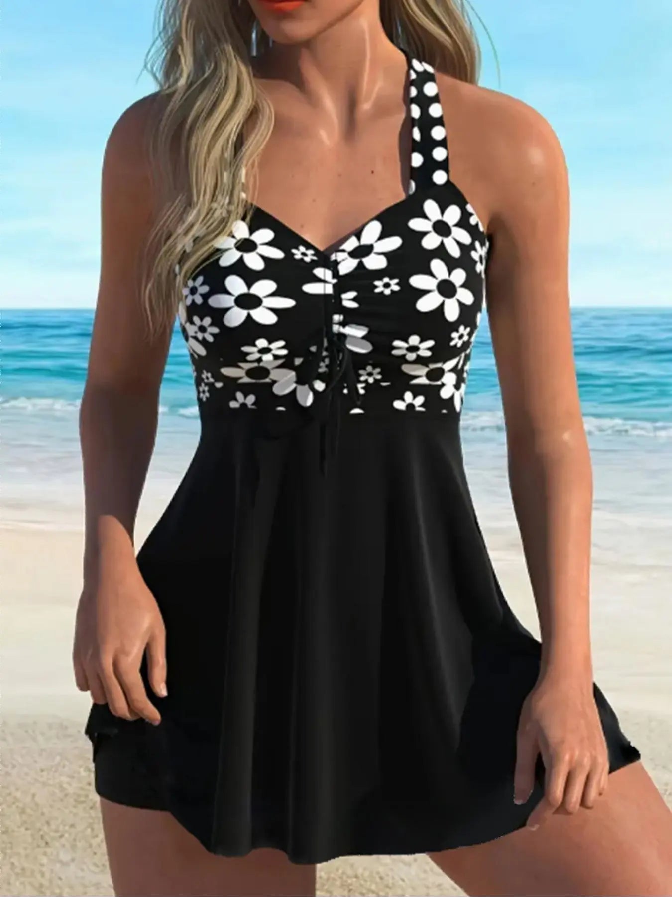 Floral V-Neck Tankini Swim Dress Set