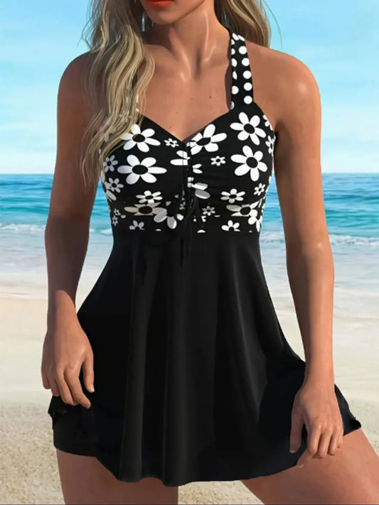 Floral V-Neck Tankini Swim Dress Set