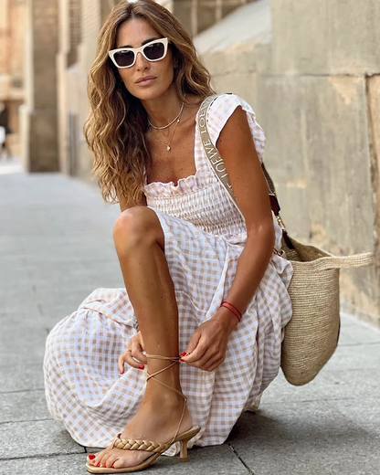 Women's Retro Plaid Smocked Maxi Dress with Pockets - Sleeveless Flowy Casual Dress
