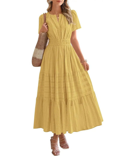Women's Casual Boho Maxi Dress V Neck Short Sleeve with Pockets