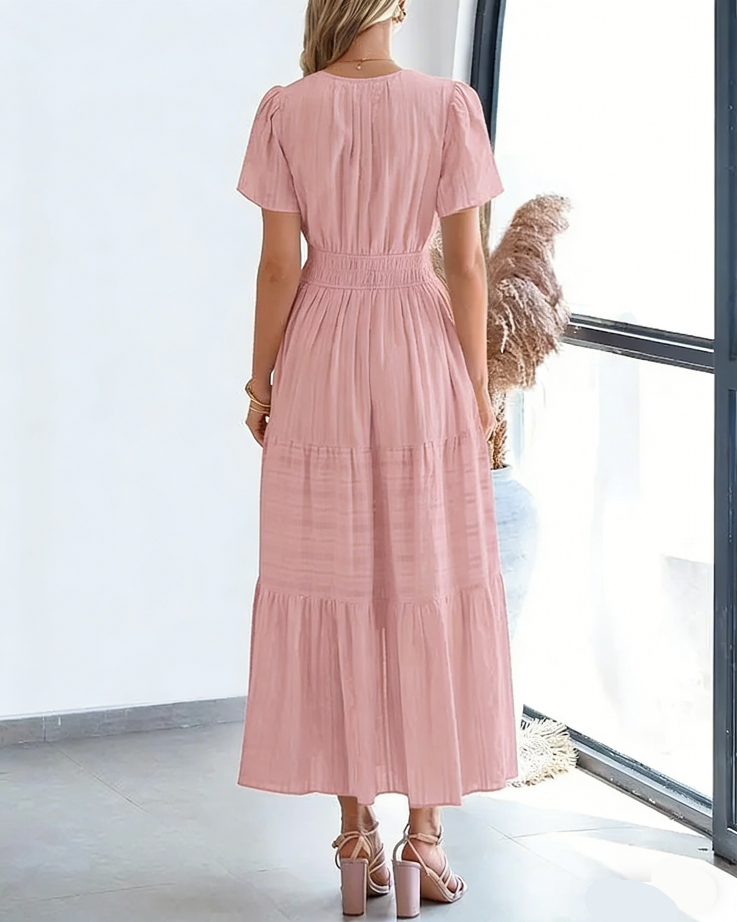 Women's Casual Boho Maxi Dress V Neck Short Sleeve with Pockets