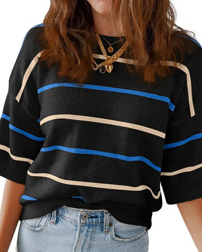 Women's Summer Striped Knit Top Crew Neck Short Sleeve