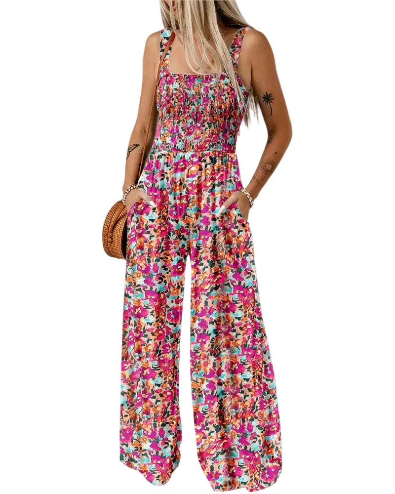Bohemian Sleeveless Wide Leg Jumpsuit With Pockets