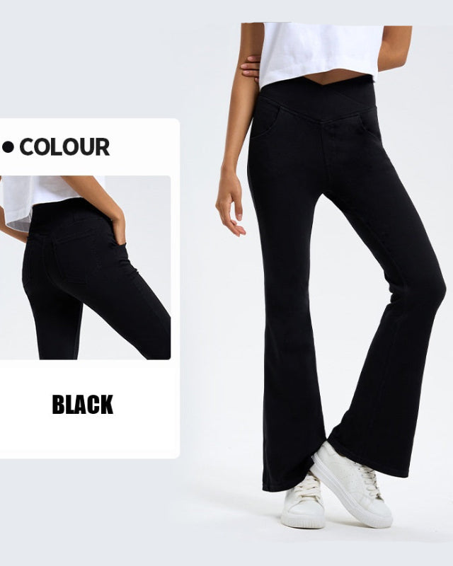Curvy Fit High Waist Crossover Flare Denim Jeans - Illusion Pocket Stretch