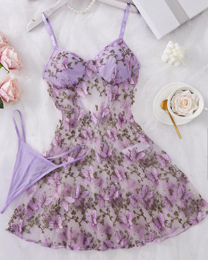 Women's Butterfly Embroidery Cami Nightdress & Thong Sexy Lingerie Set