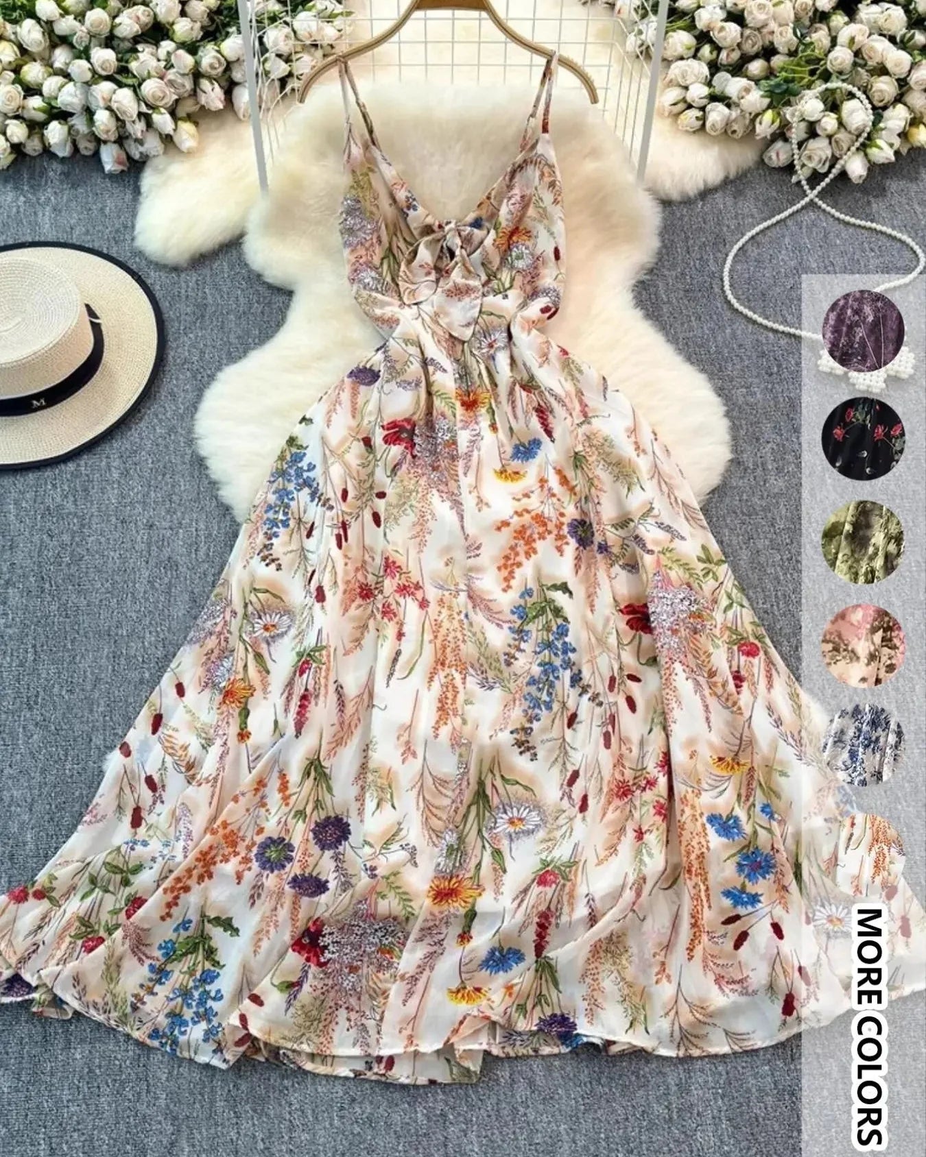 Boho Floral Print Spaghetti Strap A-Line Dress – Summer Beach Vacation Cami Dress