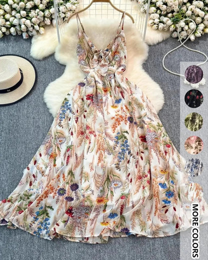 Boho Floral Print Spaghetti Strap A-Line Dress – Summer Beach Vacation Cami Dress