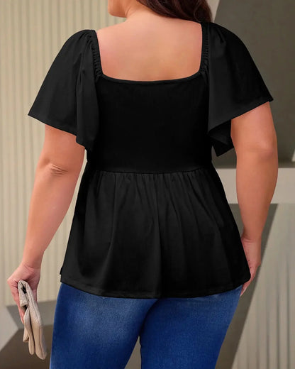 (XL-5XL) Plus Size Square Neck Short Sleeve Shirred Peplum Blouse