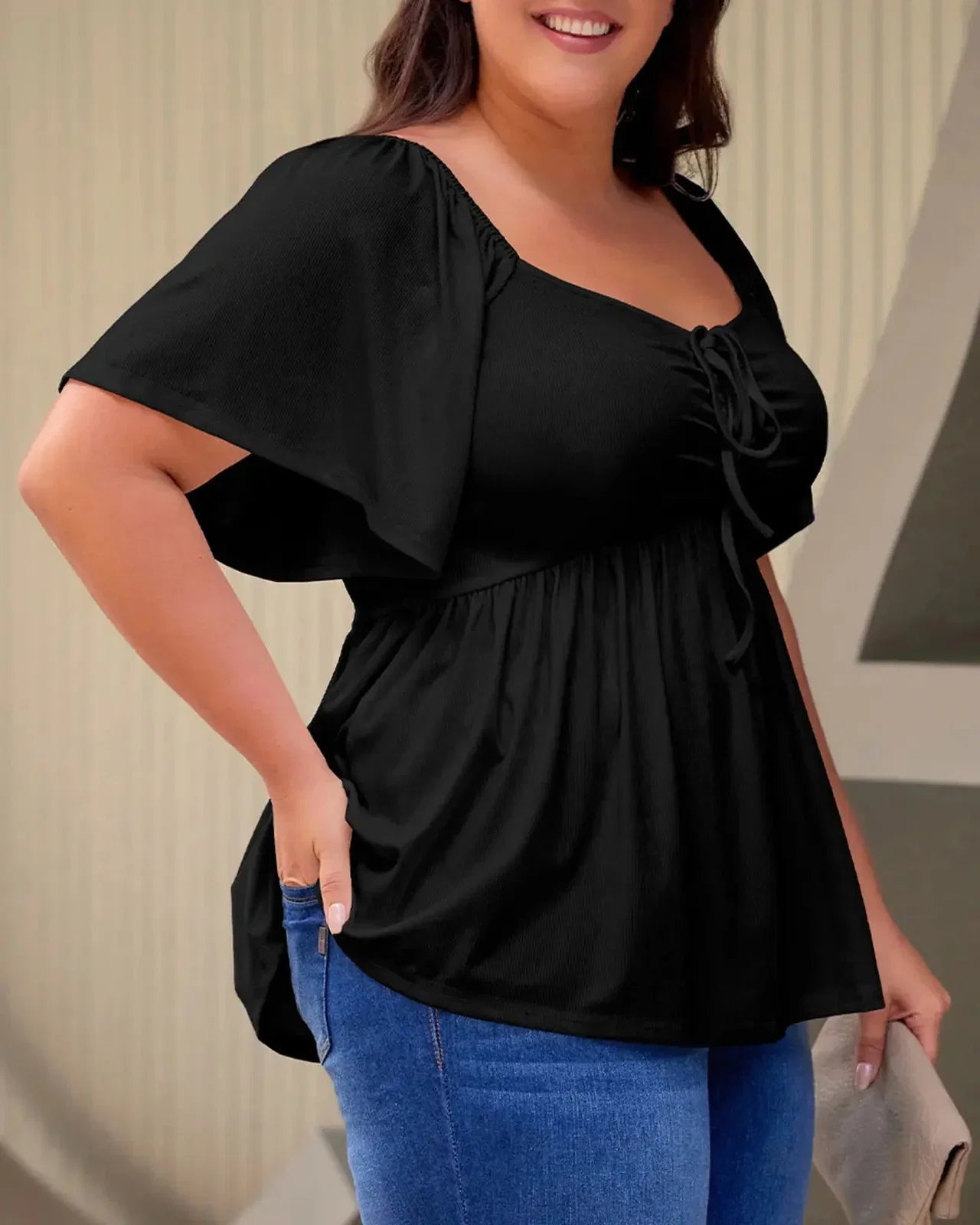(XL-5XL) Plus Size Square Neck Short Sleeve Shirred Peplum Blouse