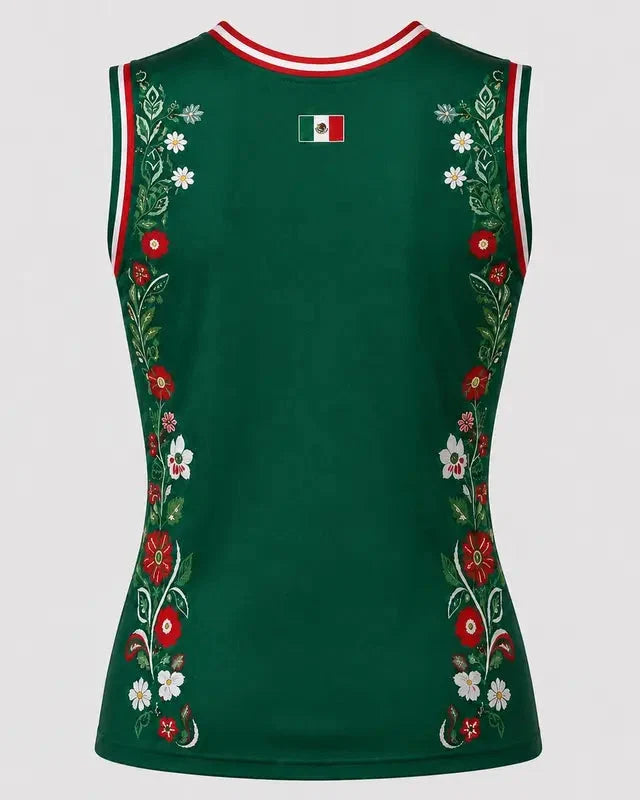 Women Floral Mexico Flag Sleeveless V Neck Soccer Fan Jersey Top
