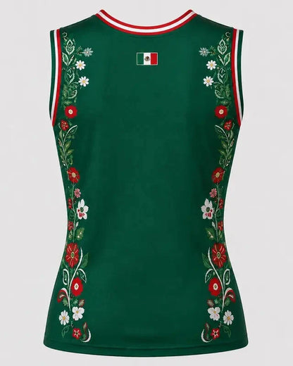 Women Floral Mexico Flag Sleeveless V Neck Soccer Fan Jersey Top