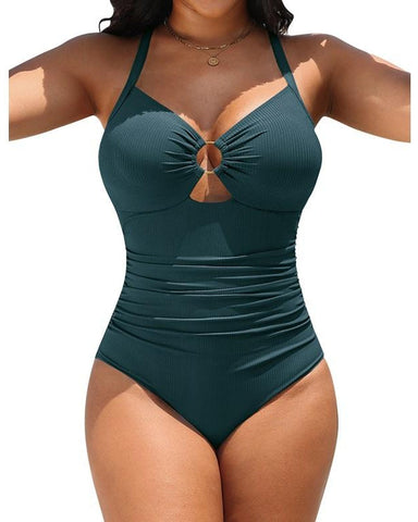 Cutout Tummy Control One Piece Swimsuit with Ruched Waist and Adjustable Straps