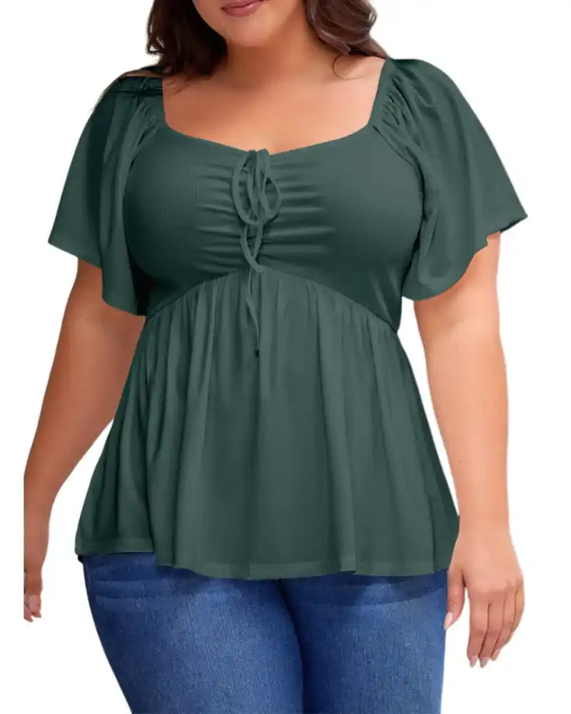 (XL-5XL) Plus Size Square Neck Short Sleeve Shirred Peplum Blouse