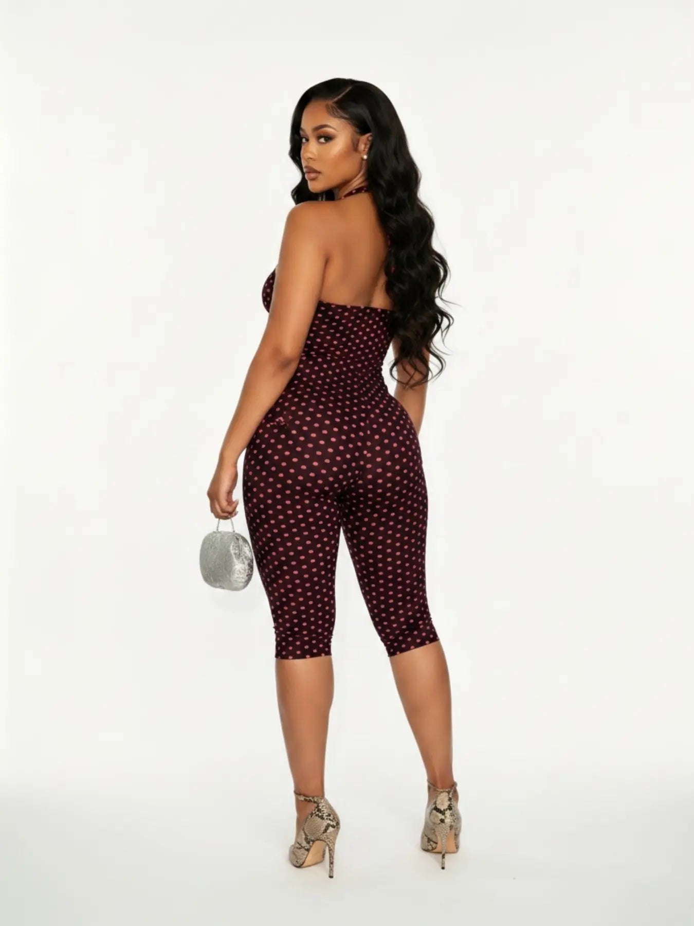 Polka Dot Halter Bodycon Romper – Retro Chic Sleeveless Jumpsuit