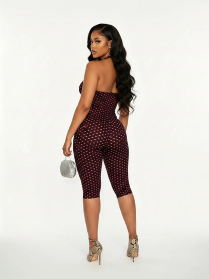 Polka Dot Halter Bodycon Romper – Retro Chic Sleeveless Jumpsuit