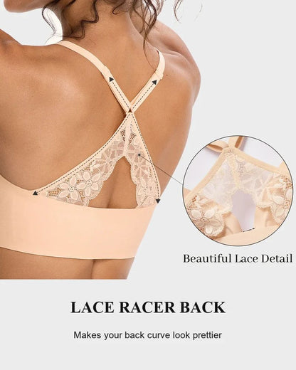 Front Closure Wireless Plunge Lace Racerback Bra