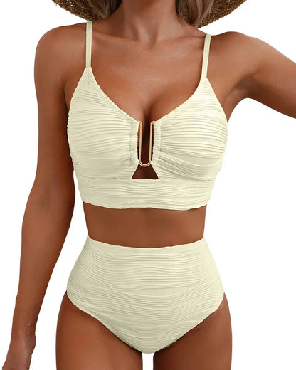 Textured U-Wire Cutout High-Waisted Bikini Set