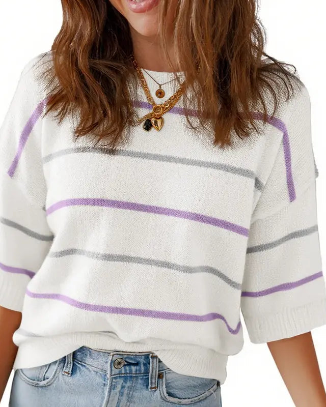 Women's Summer Striped Knit Top Crew Neck Short Sleeve