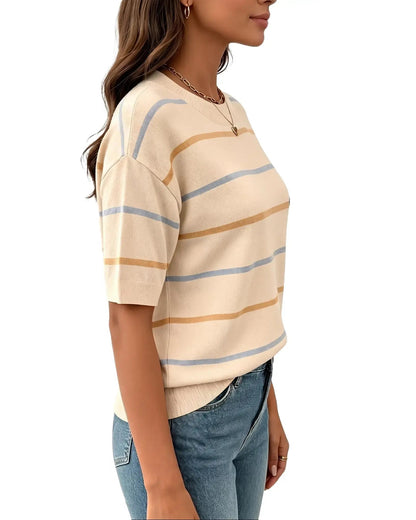 Women's Summer Striped Knit Top Crew Neck Short Sleeve
