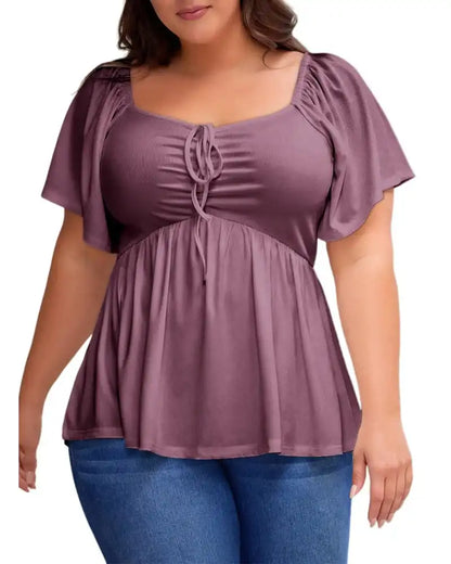 (XL-5XL) Plus Size Square Neck Short Sleeve Shirred Peplum Blouse