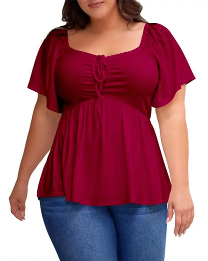 (XL-5XL) Plus Size Square Neck Short Sleeve Shirred Peplum Blouse