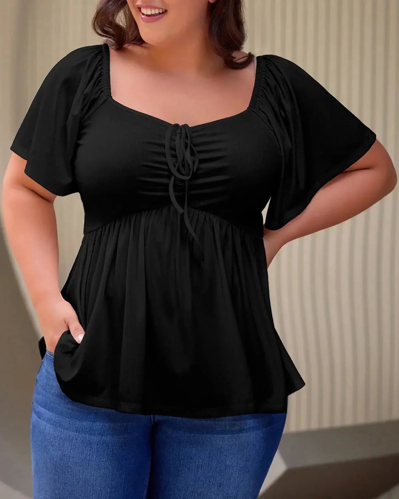 (XL-5XL) Plus Size Square Neck Short Sleeve Shirred Peplum Blouse