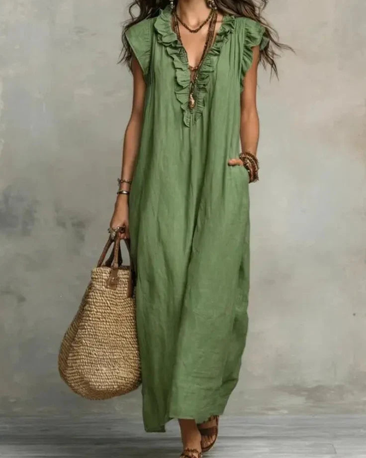 Women’s Boho Sleeveless Ruffle Maxi Dress with Pockets