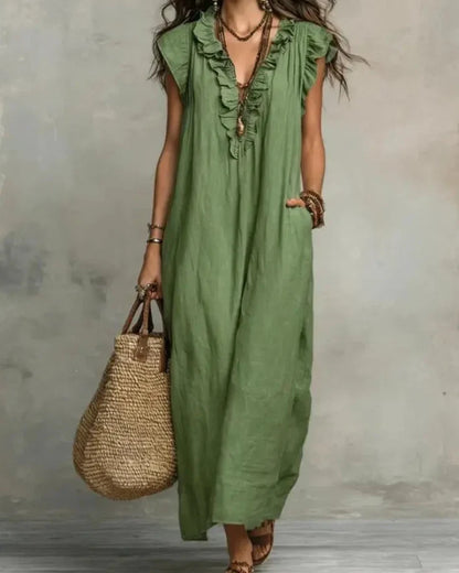 Women’s Boho Sleeveless Ruffle Maxi Dress with Pockets
