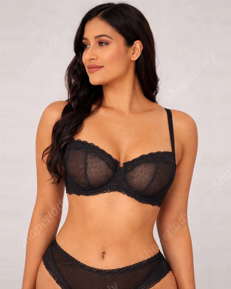 Lace Underwire Unlined Sheer Demi Balconette Bra