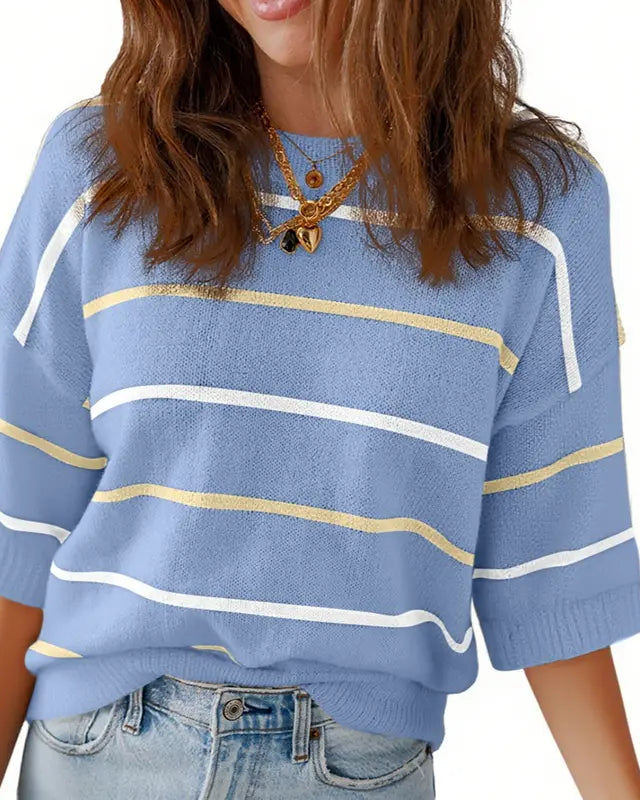 Women's Summer Striped Knit Top Crew Neck Short Sleeve