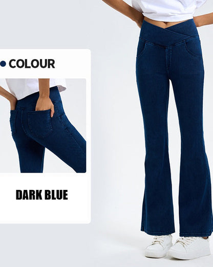 Curvy Fit High Waist Crossover Flare Denim Jeans - Illusion Pocket Stretch