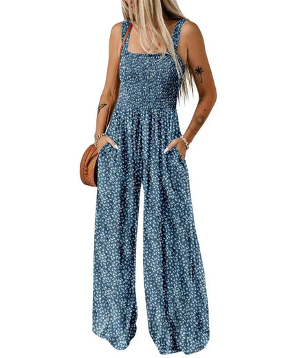 Bohemian Sleeveless Wide Leg Jumpsuit With Pockets