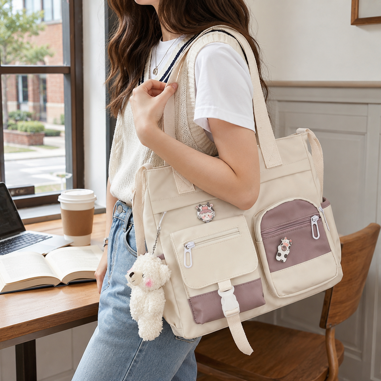 👜 Multi‑Pocket Canvas Tote Bag - Crossbody Shoulder Bag for School Work Travel