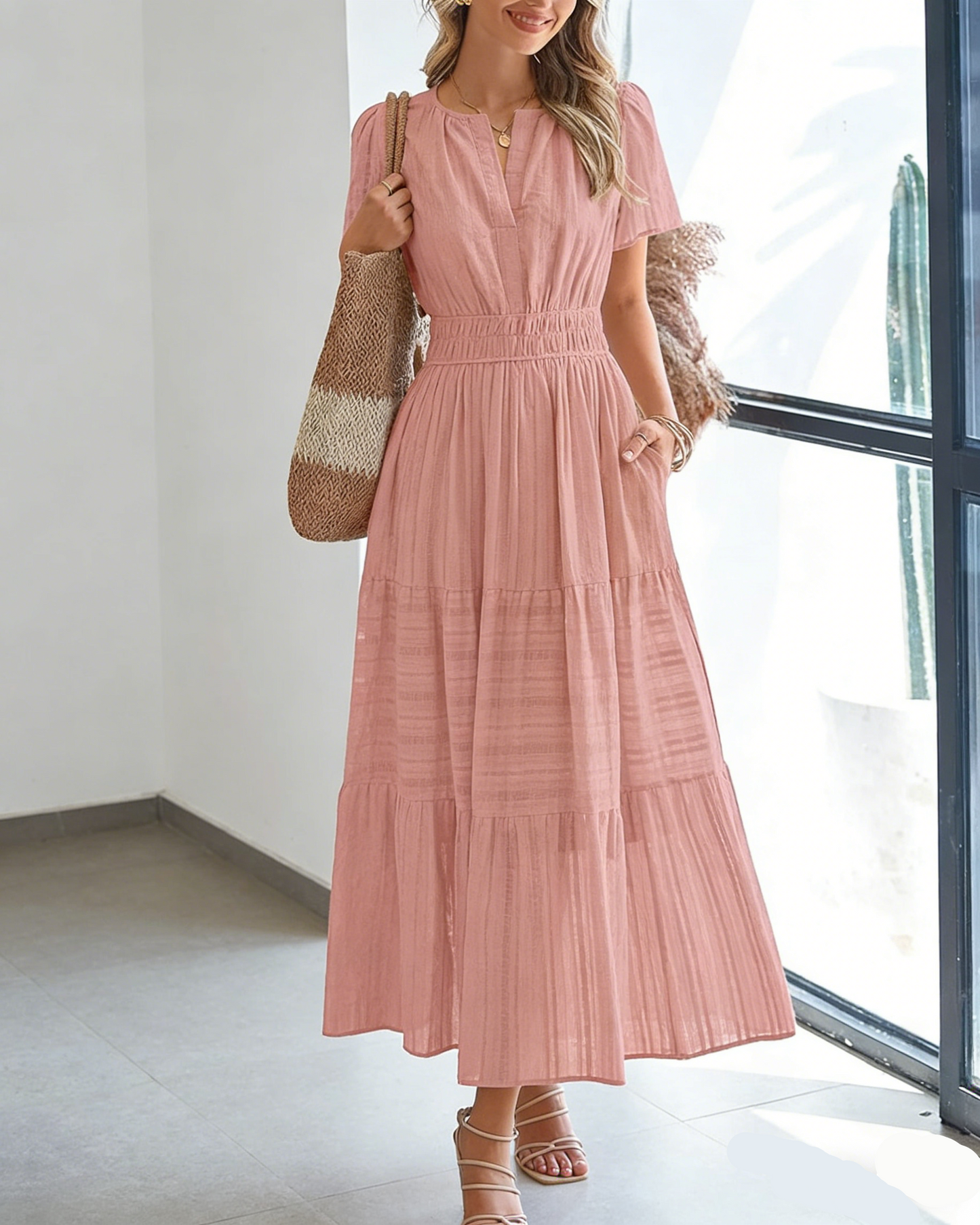 Women's Casual Boho Maxi Dress V Neck Short Sleeve with Pockets