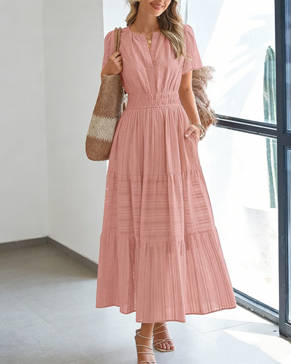 Women's Casual Boho Maxi Dress V Neck Short Sleeve with Pockets