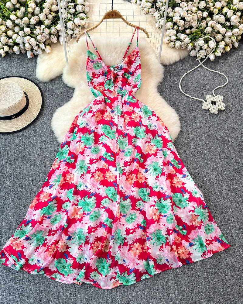 Boho Floral Print Spaghetti Strap A-Line Dress – Summer Beach Vacation Cami Dress